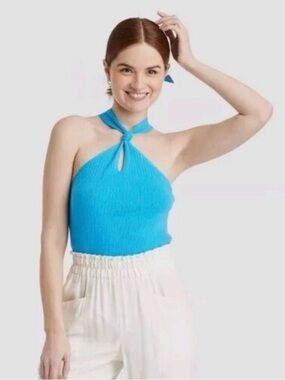 A New Day Woman’s Sm Blue Ribbed Halter Tank with Front Knot Like New